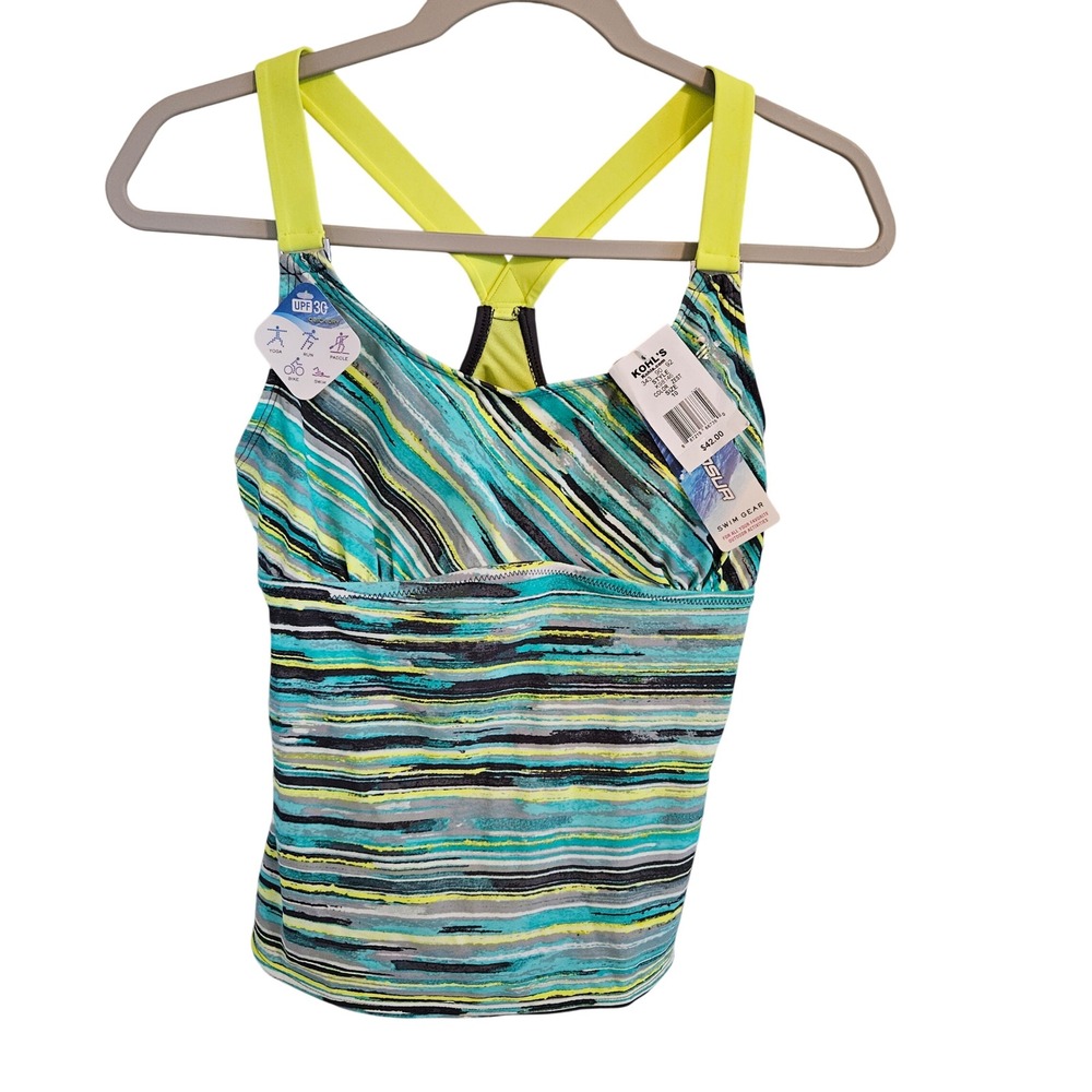 ZeroXposur Women Tankini Swim Top Striped Racerback Teal Lime Green UPF 30 SZ 10